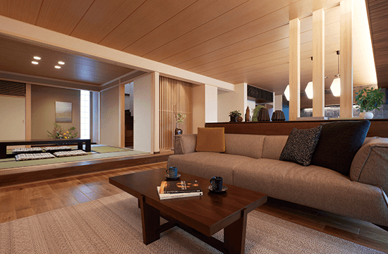 成田展示場は、真壁づくりの和室や坪庭など、伝統的な意匠が魅力の一つ