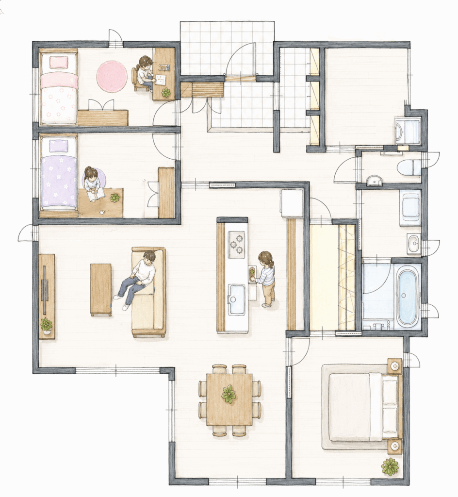 30坪の平屋ではリビングもゆったりした印象になります。主寝室に加えて、子ども部屋として使える個室を2室確保することも可能