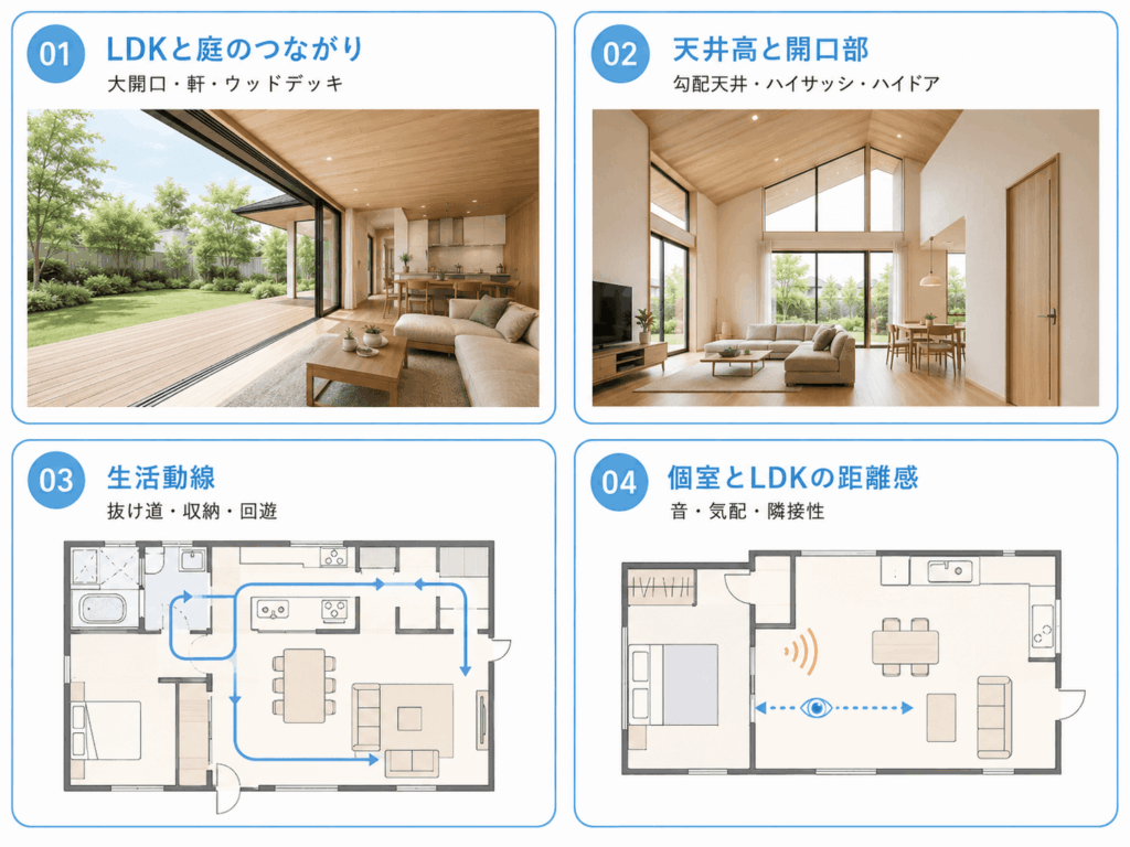 ミタイエでは、住友林業オーナーとあなたを直接つなぐ見学サービスを実施しています。掲載されているお宅はすべて実際の住まいで、建物の広さやおおよその建築費用、家族構成なども見学前に確認できます。
見学費用は無料で仲介には担当者が入るため、はじめての方でも安心してご利用いただけます。
見学できる住まい一覧はこちら
問い合わせはこちら
住友林業の平屋を見学する際に見ておきたい間取りのポイント